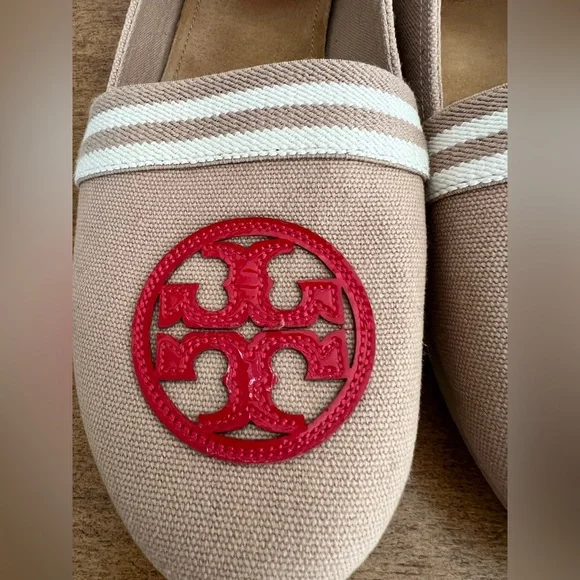 Tory Burch Canvas Beige Red Slip On Shoes 9 - Picture 3 of 8